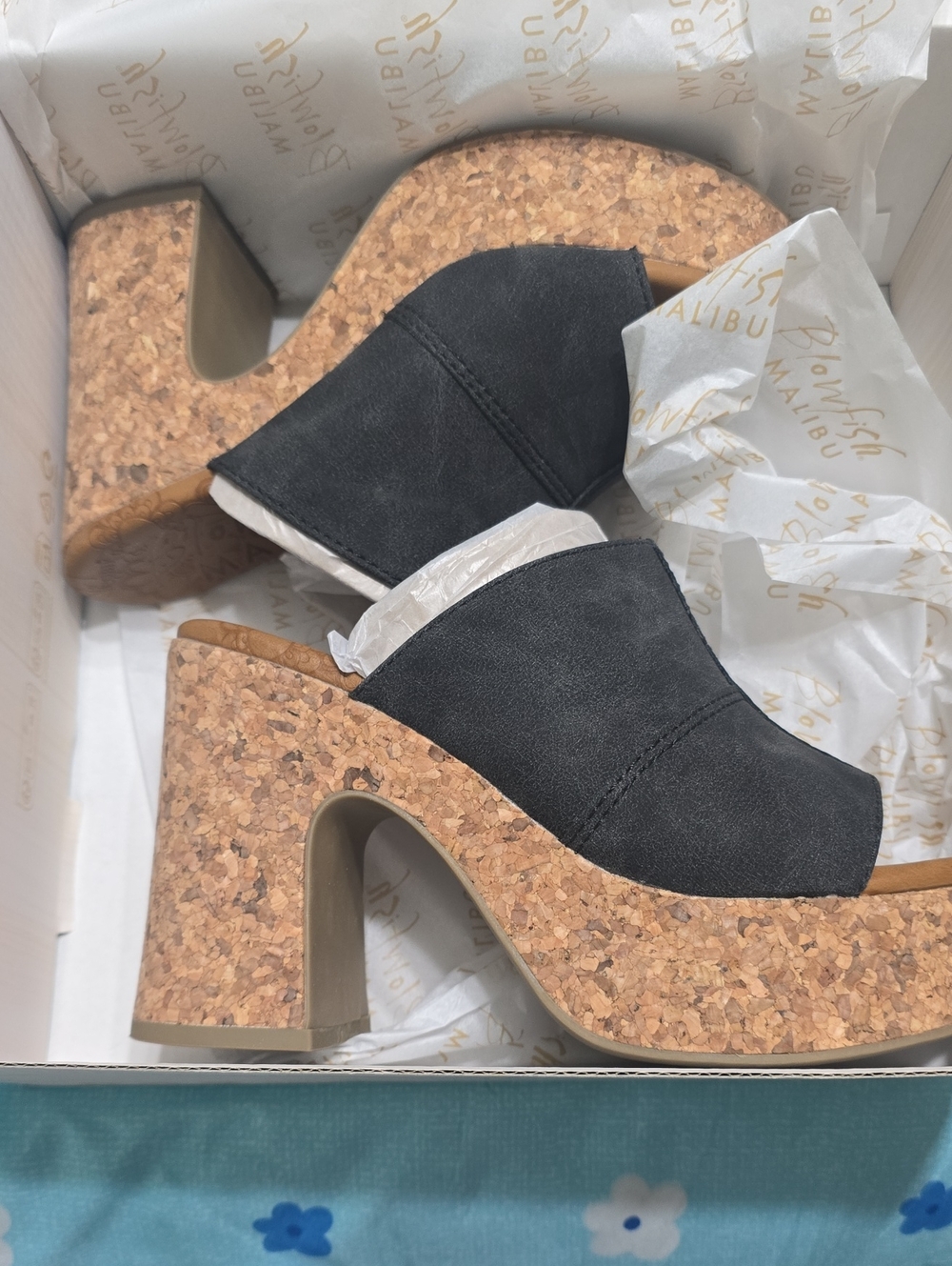 Blowfish Black Suede Cork Platform Mules